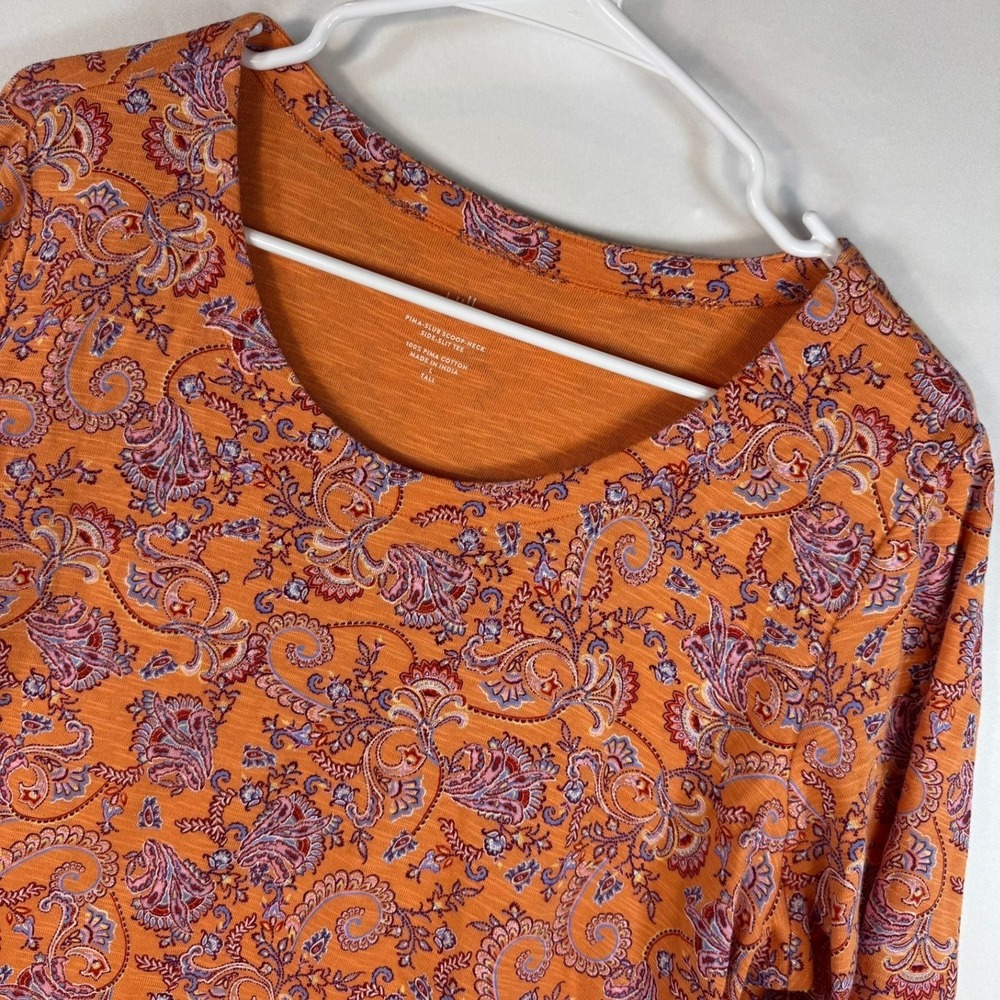 J. Jill Orange Paisley Pima Slub Scoop Neck Side Slit Tee Shirt Tall Large